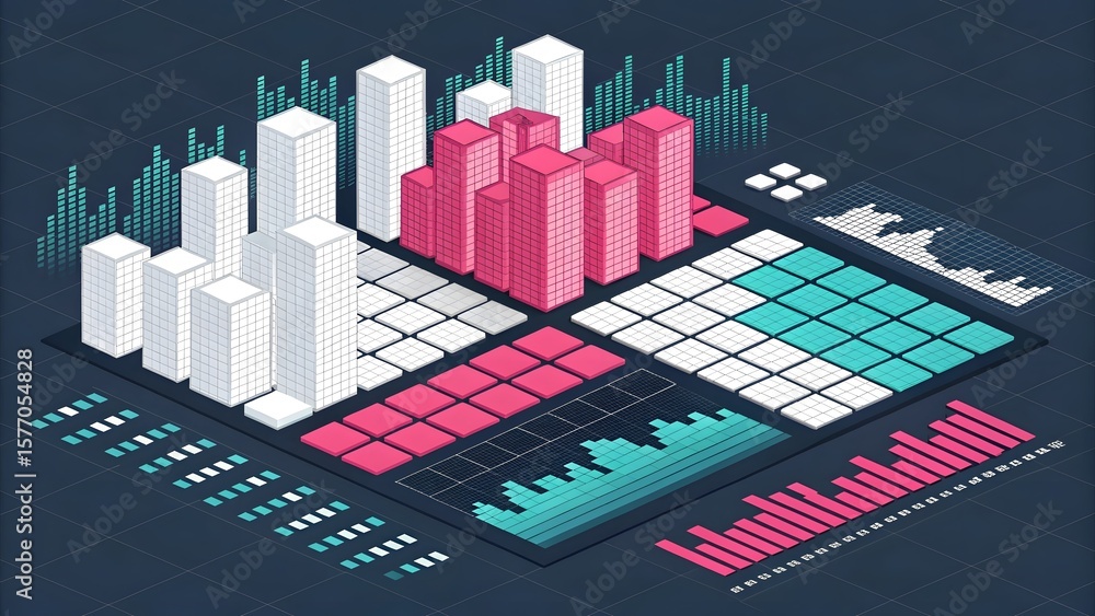 Poster isometric illustration of data visualization with blocks and bar graphs on a dark background
