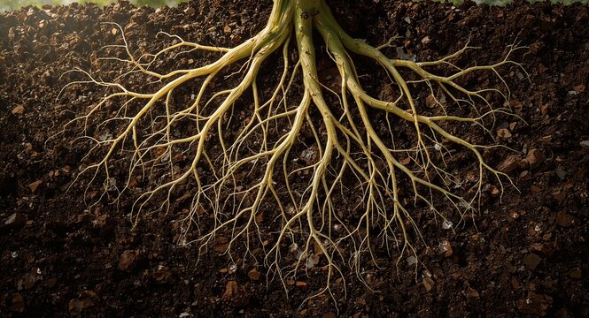 A detailed view of tree roots spreading through dark soil with a green grassy surface above ground