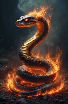 Flame-scaled snake coils in a tight circle against dark background. Fierce serpent with burning head, red scales, and fierce expression. Gray vertical line adds contrast.