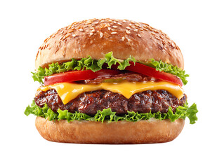 Juicy cheeseburger with melted cheese and fresh lettuce isolated on transparent background