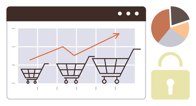 Expanding shopping carts on growth graph, pie chart, and padlock. Ideal for e-commerce, data analysis, online security, sales growth, strategy development, consumer behavior simple flat metaphor