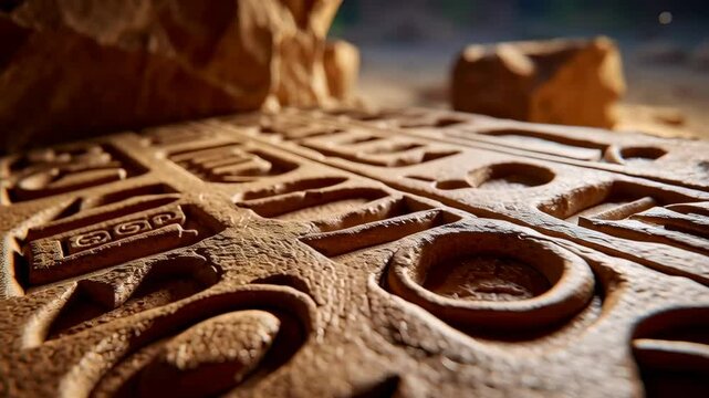 Intricate carvings of hieroglyphs in ancient stone, revealing rich cultural history.