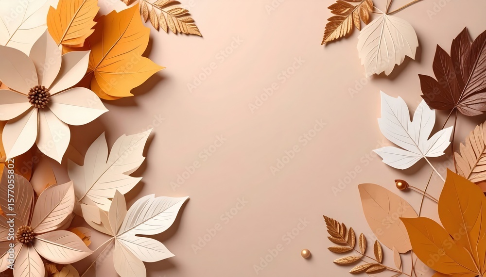 Poster creating autumn-themed paper art arrangements studio graphic design warm color palette top-down view