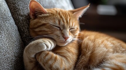 A ginger tabby cat peacefully sleeping curled up on a textured couch, showing relaxed posture and soft orange fur in natural indoor light