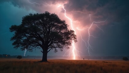 Dramatic lightning strike over field of tall grass. Gray and white clouds fill sky. Bright, white light illuminates field. Lone figure stands in field, their silhouette against lightning.