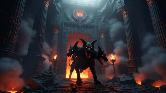 Guardian of the underworld Cerberus with multiple heads in an ominous scene with fiery depths, creating an impressive dark fantasy render