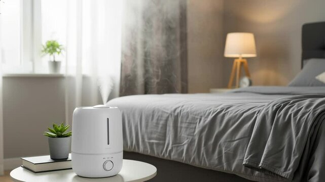 Relaxing bedroom scene with humidifier emitting mist, bedside table, cozy bed, and plant in a serene home interior setting.
