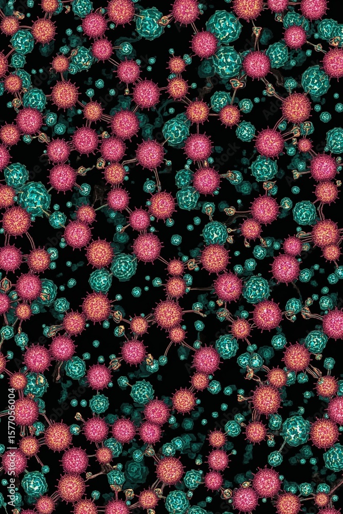 Poster a multitude of pink and green spiky orbs connected by thin lines on a black background creating a pa