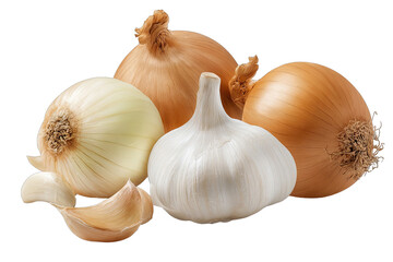 Group of onions and garlic, various colors and textures