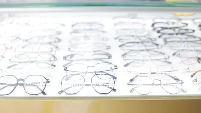 A rows of eyeglasses on display in a shop. stand with glasses in an optics store. Eyesight correction.