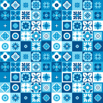 Blue portuguese azulejos checkered seamless pattern. Traditional ceramic tiles creating a repeating pattern with various floral motifs