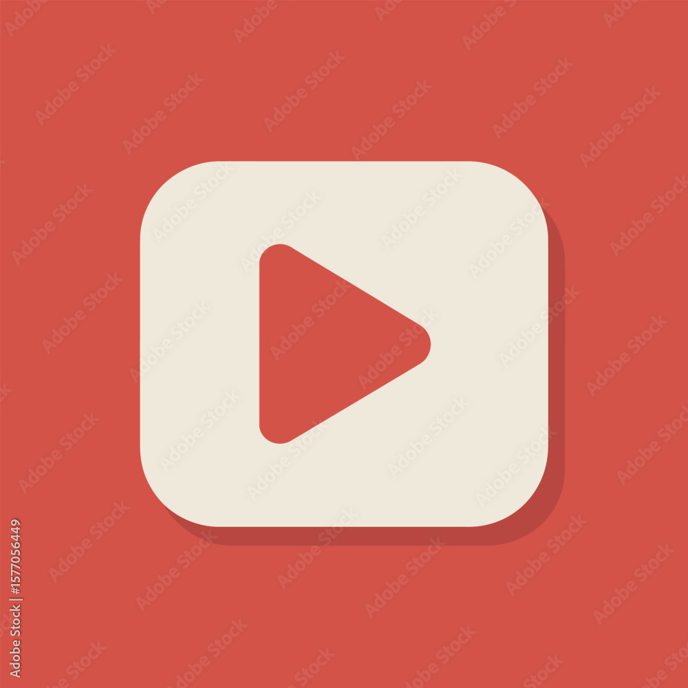 Poster red and off white play button icon on coral background simple flat design media player symbol digita