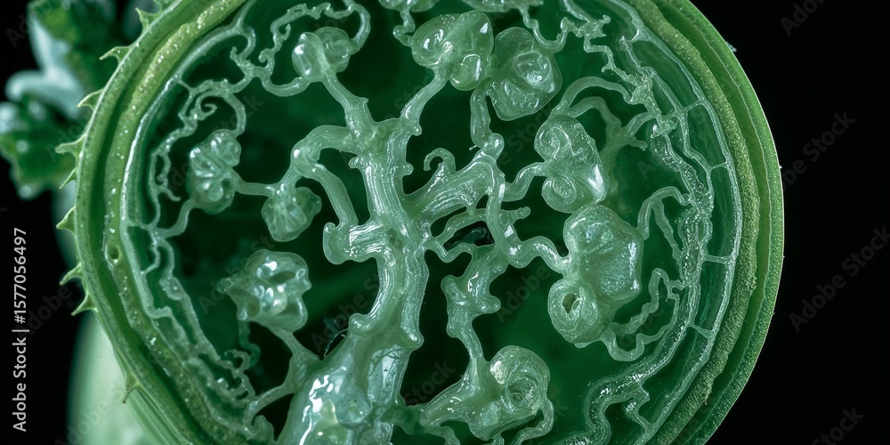 Poster a close up of a green vegetable with intricate internal structures on a dark background showing deta