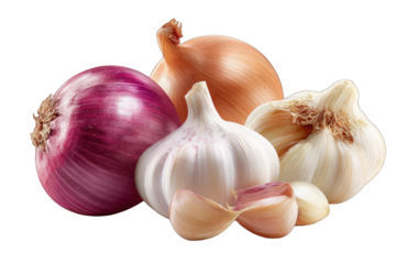 Close-up of various bulbs; red onion, yellow onion, garlic heads
