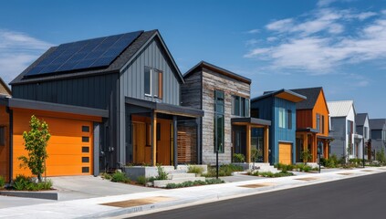 Vibrant photo of row of modern, new homes with solar panels on the roofs and energy-efficient features in an urban setting against a blue sky. The street is lined with low.