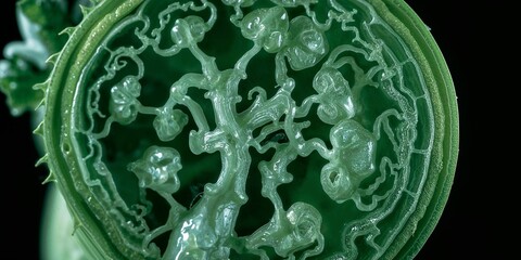 A close up of a green vegetable with intricate internal structures on a dark background showing detail