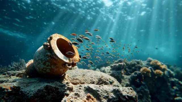 An underwater scene featuring an ancient amphora surrounded by fish and coral.