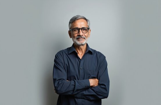 Middle-aged Indian man with grey hair and glasses wears navy blue shirt, looks thoughtful. Standing against grey background, hand on hip, direct gaze.