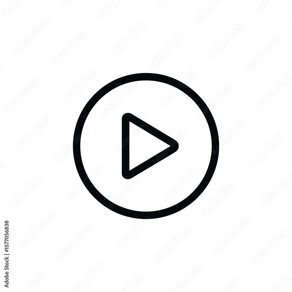 Poster black outlined play button icon inside a black outlined circle on a white background simple minimali
