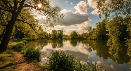 Serene Lakeside Vista Under a Sunlit Sky with Wispy Clouds Reflecting on Calm Waters