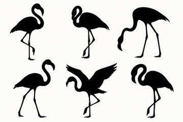 Set of five elegant flamingo silhouettes in various poses, perfect for tropical decor, wildlife art, and nature designs. Ideal for prints, logos, and beach-themed projects with a minimalist, graceful 