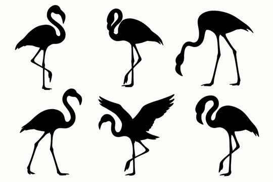 Set of five elegant flamingo silhouettes in various poses, perfect for tropical decor, wildlife art, and nature designs. Ideal for prints, logos, and beach-themed projects with a minimalist, graceful 