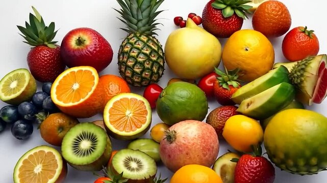 A vibrant assortment of fresh fruits arranged artfully on a light background.