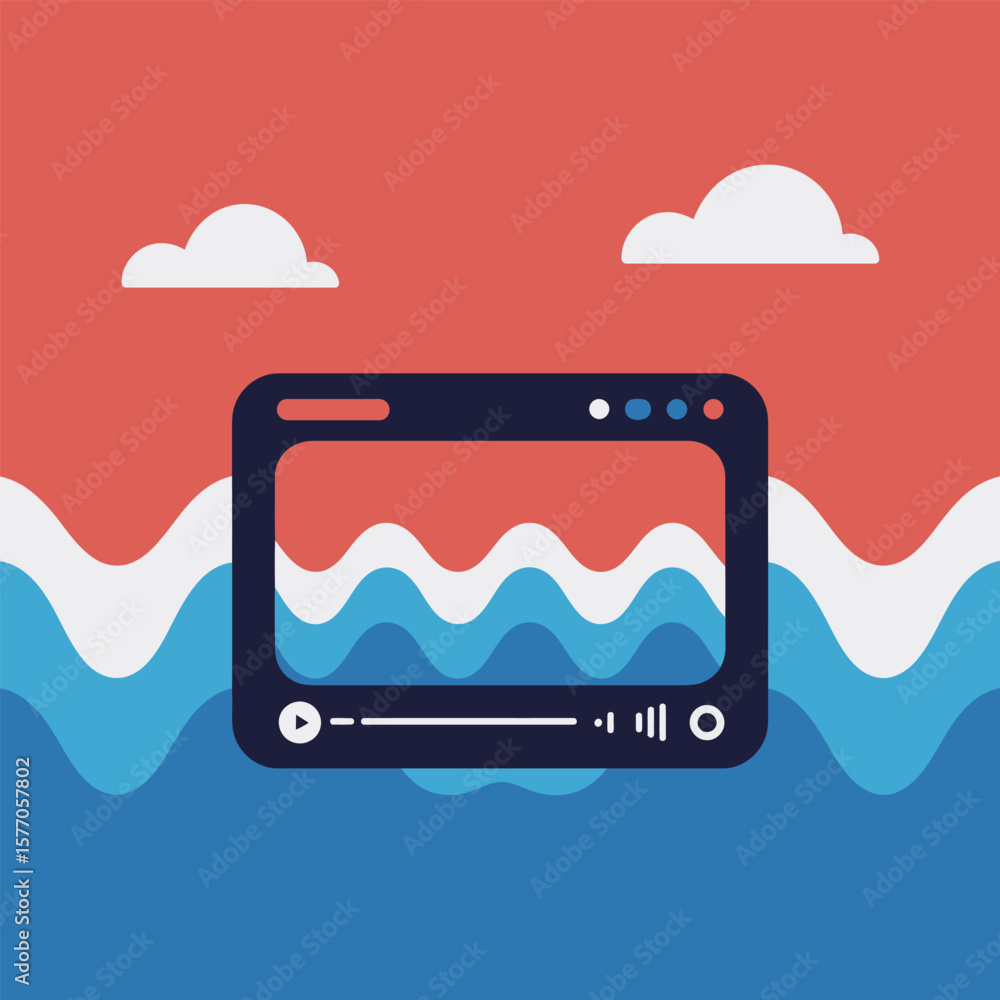 Poster flat live stream icon design blue waves red background white clouds simple video player interface on