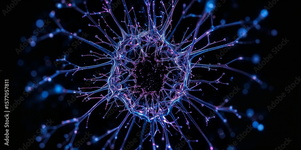 Poster abstract glowing network with branching lines and a central dark void on a black background