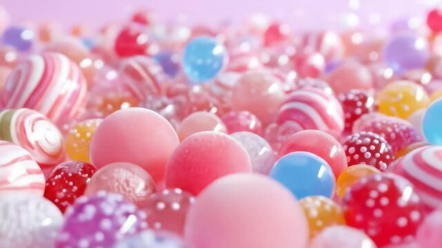 A close-up view of numerous small, colorful, glossy spheres resembling candies or marbles fills the frame against a light pink background.