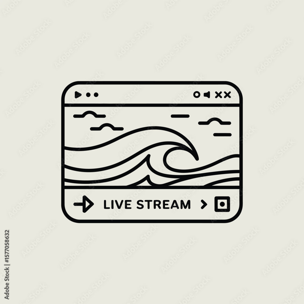 Aufkleber black line art illustration of a live stream window displaying ocean waves rolling in under a cloudy