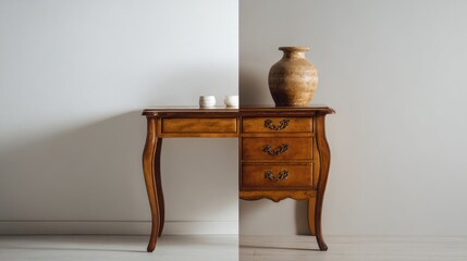 A wooden desk with a vase.  Contrast