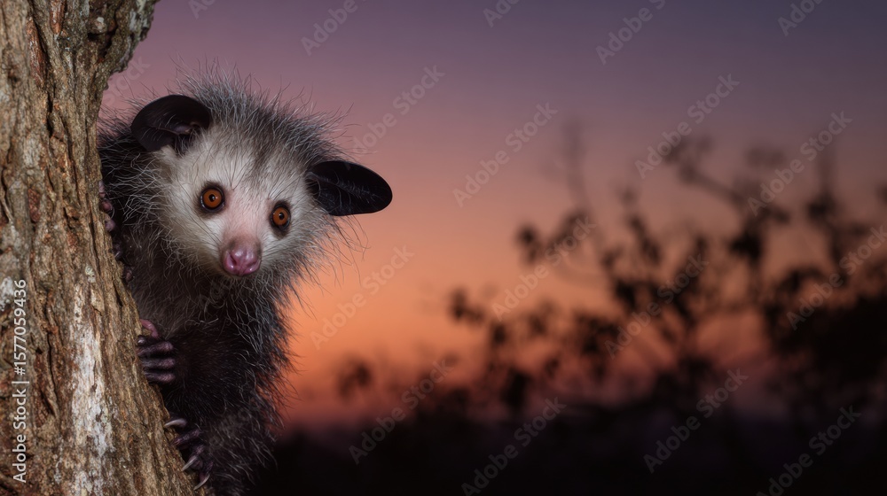 Poster aye-aye climbs a tree during dusk while surrounded by a soft-focus background displaying colorful tw