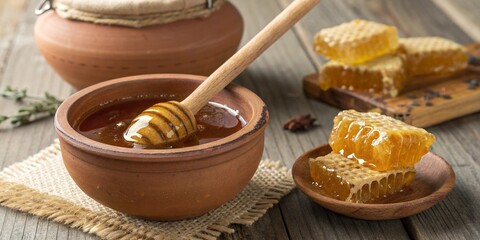 Honey in a clay pot with a wooden spoon. Honeycombs nearby.