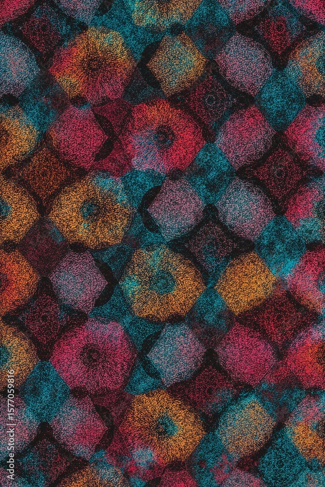 Poster an intricate pattern of colorful diamond and circle shapes with a dark background creating a dense t
