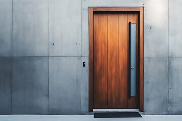 Contemporary wooden entrance door with sleek black handle and frosted glass panels, set against a minimalist exterior wall 