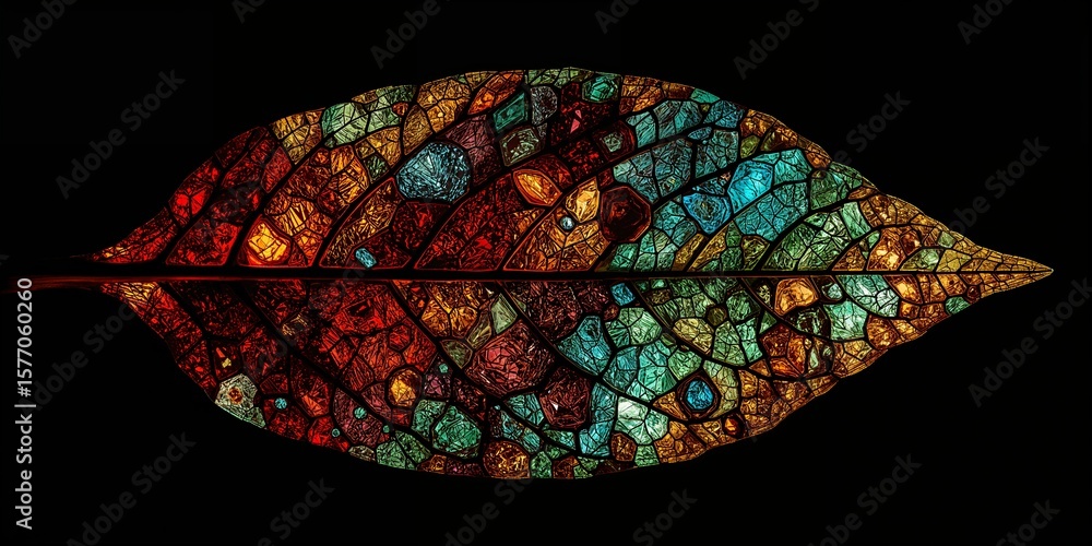 Poster a single leaf with stained glass texture reflecting on a black surface creating a mirror image