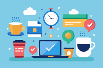 Coffee cup and laptop with icons: clock, notes, idea, messages &mdash; morning work symbol