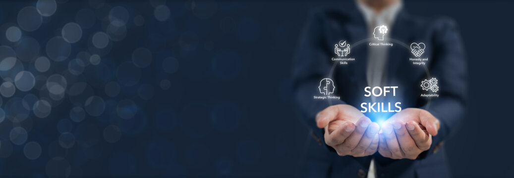 Soft skills (human skills), the value of the human in the age of AI. Holding glowing icons representing essential soft skills such as communication, critical thinking, adaptability, and integrity.