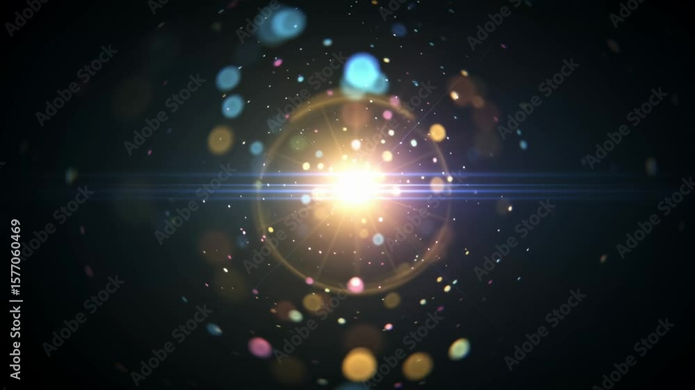 Poster bright light source with bokeh overlay, shining sparkles and flare effect against dark background. a