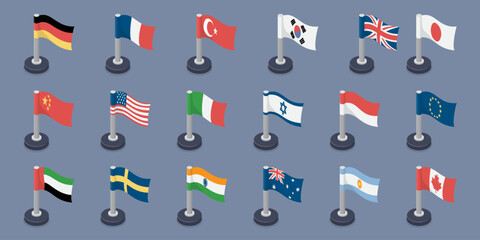 National flags of the world. The Group of Seven country flags collection. 3d flat isometric vector illustration. Eps 10.