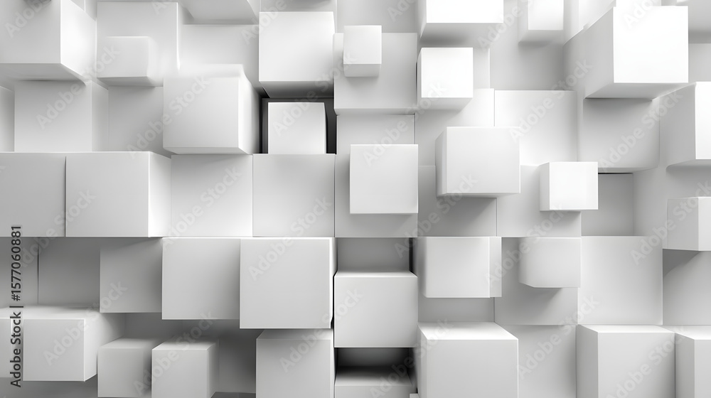Poster random shifted white cube boxes block the background wallpaper banner. abstract 3d square white tech
