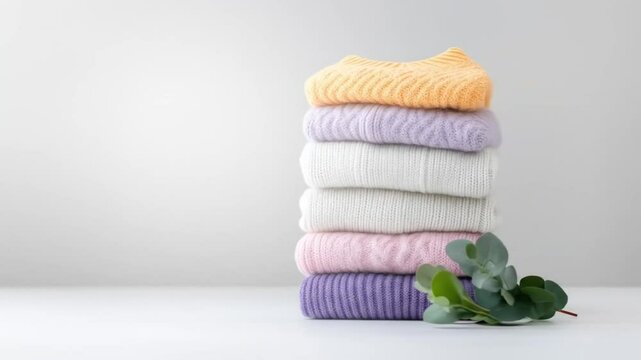 A stack of folded pastel-colored knitted sweaters sits on a white surface with a sprig of eucalyptus beside it.