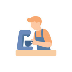Barista preparing coffee with espresso machine in cafe. Barista work logo. Icon for coffee shops and restaurants. Web design for sites with coffee machines.