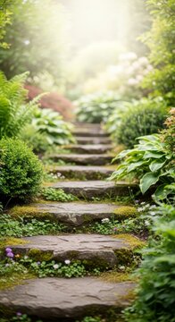 Stone Steps Ascending Through Lush Greenery in a Sun-Drenched Garden