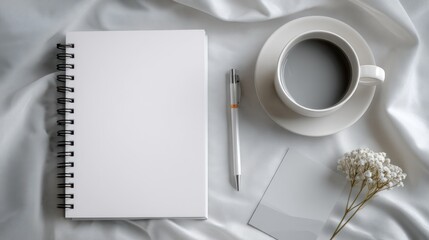 Blank notebook, coffee, and a small card on a white cloth