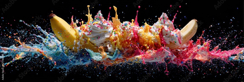 Poster vivid explosion of a banana split captures the delicious chaos of dessert in motion with colorful sp