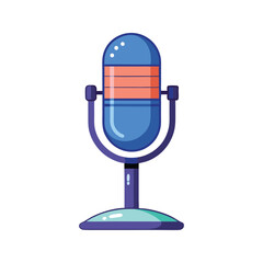 Retro style blue microphone on a stand with orange accents isolated on white background