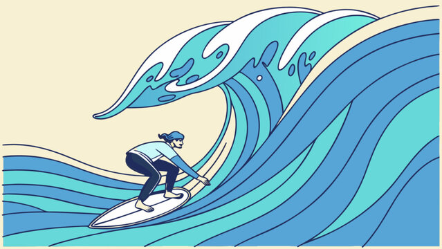 Surfing illustration of a surfer riding a wave vector art for extreme sports and water adventure design