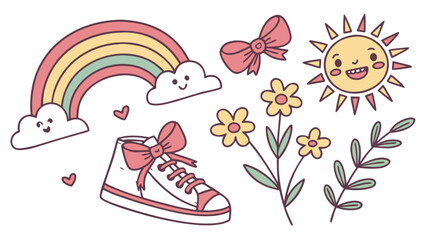 Cute kawaii sticker pack with rainbow sun flowers bow and sneaker for kids and girls vector design
